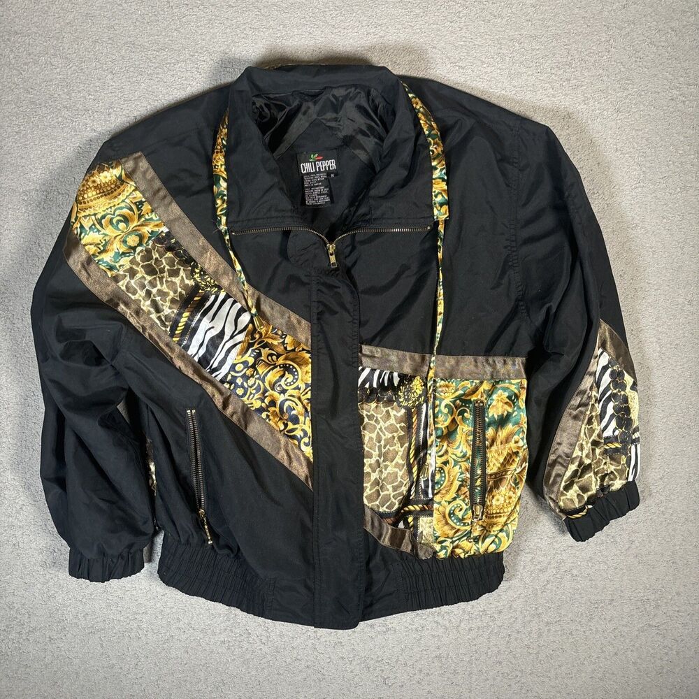 Vntg Chili Pepper Women’s‎ Size S Wind Breaker Gold Black Mobb Wife Animal Print
